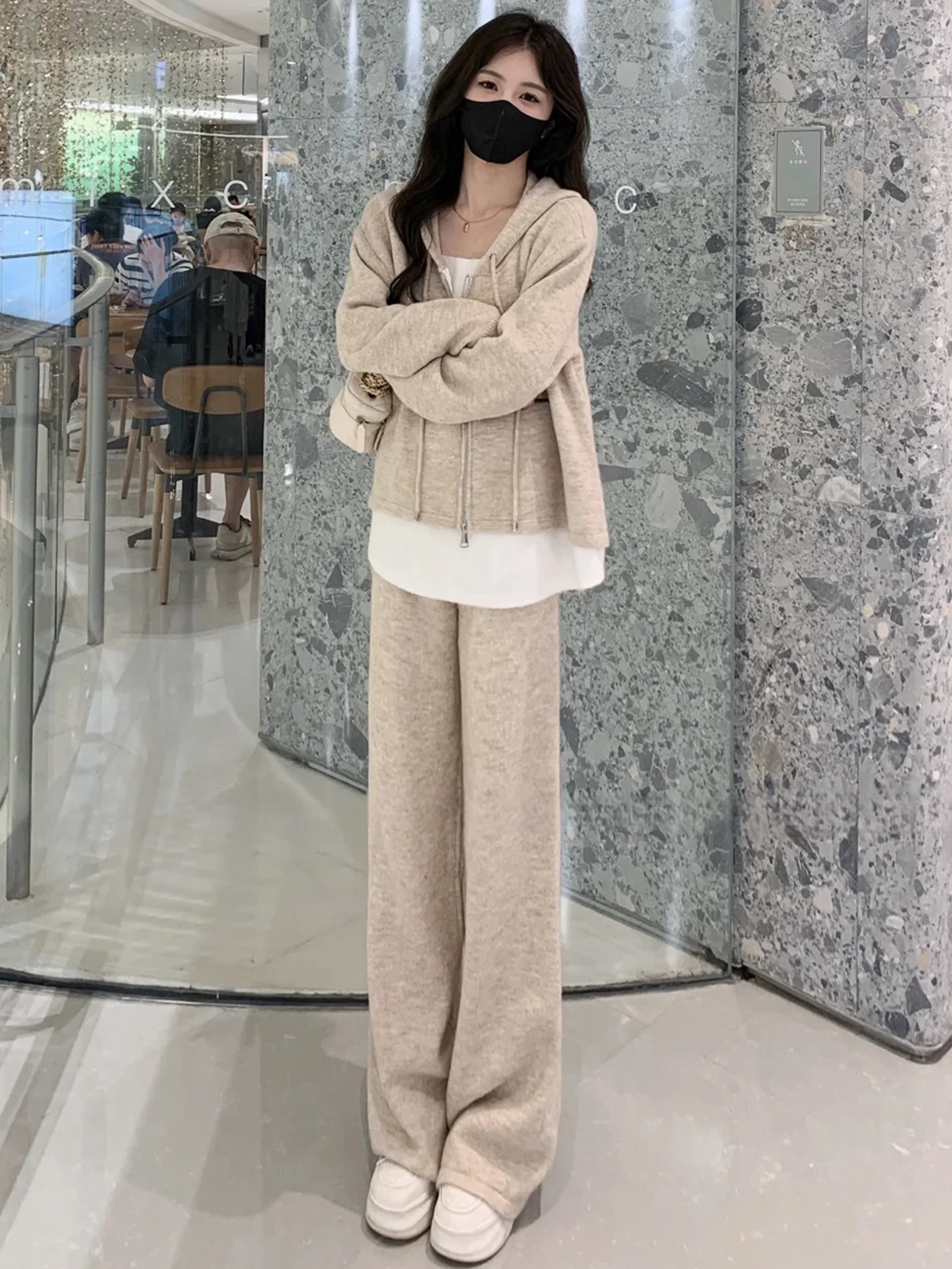 

Korean Style Lazy Casual Fashion Set Women's Autumn Trendy Anti-Aging Slimming Fake Two-Piece Sweatshirt Wide Leg Pants Set