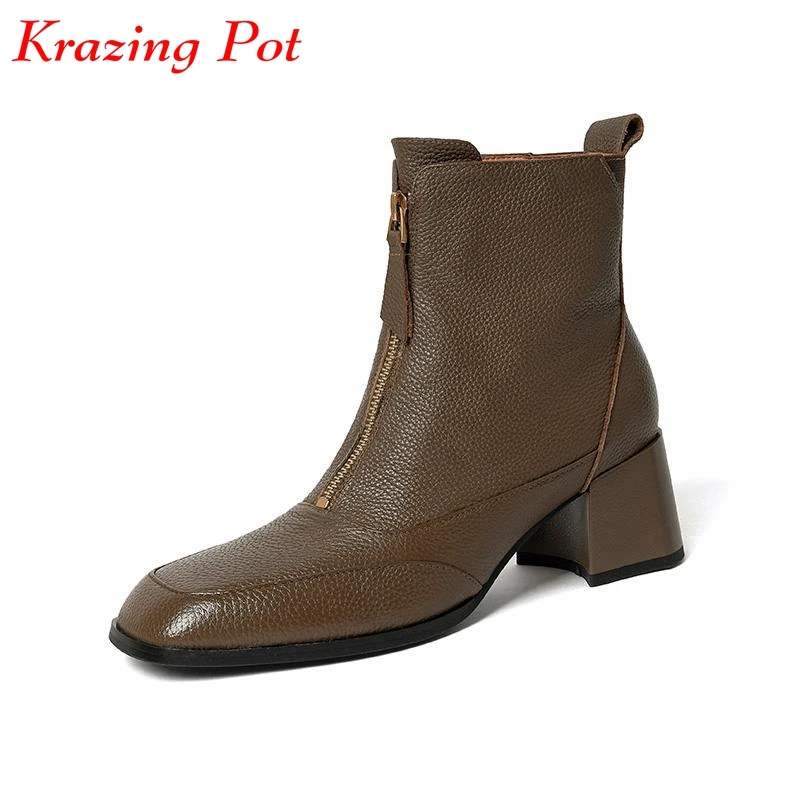 

Krazing Pot Fashion Cow Leather Round Toe Winter Warm Chelsea Boots Office Lady Vintage Front Zipper British School Ankle Boots