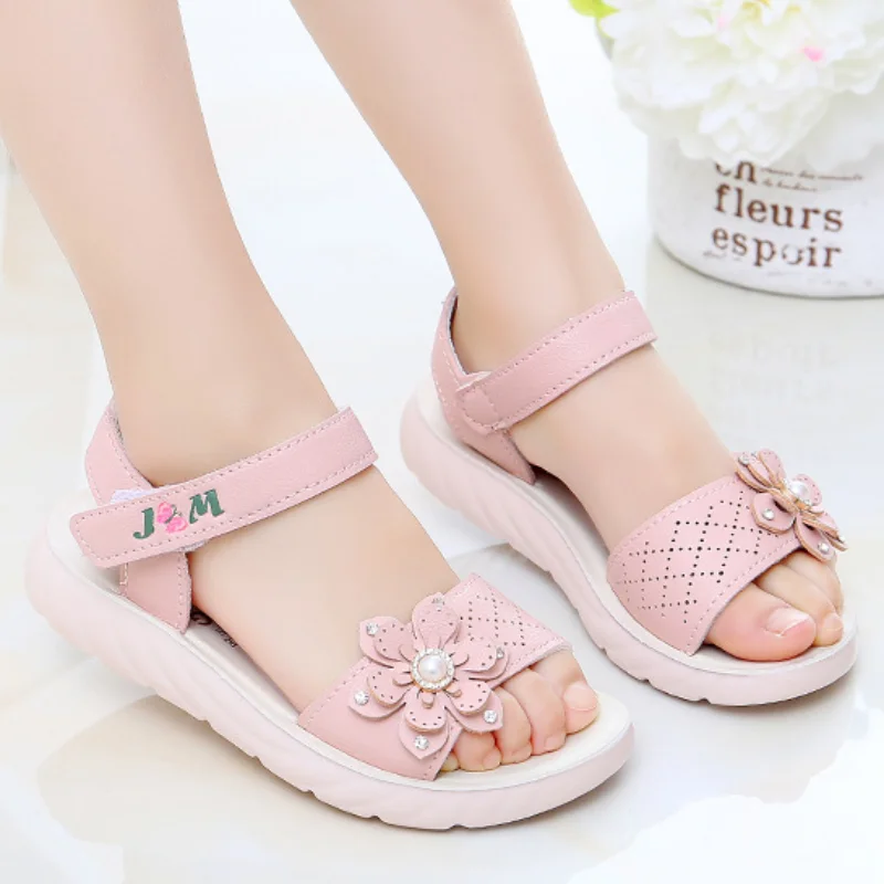 Girls Sandals 2023 Summer Children Shoes Soft Soled Non-slip Kids Flower Pearl Beach Shoes Fashion Princess Sandals босоніжки