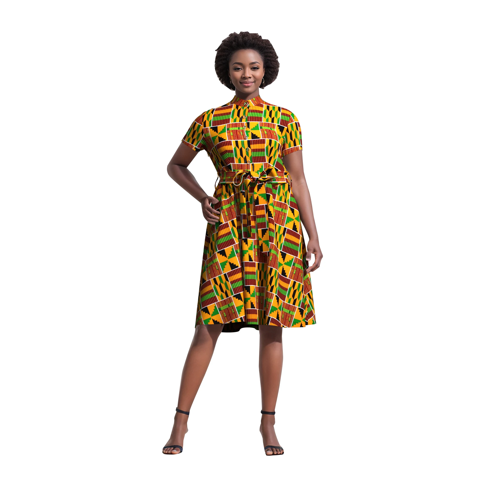 New African High Collar Dresses for Women Dashiki Print Button Knee Length Dresses with Belt Women African Clothing WY6071