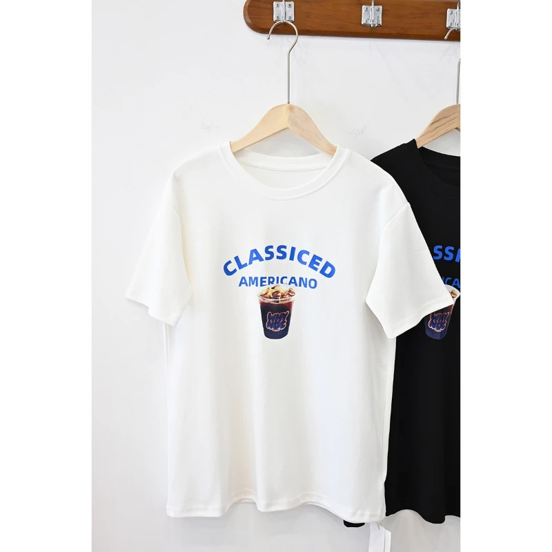 تي شيرت كلاسيكي مطبوع للقهوة من الولايات المتحدة ، جاراجاو ، على الطراز الكوري ، بسيط ، غير رسمي ، رقبة مستديرة ، بأكمام قصيرة ، بوليستر ، علوي