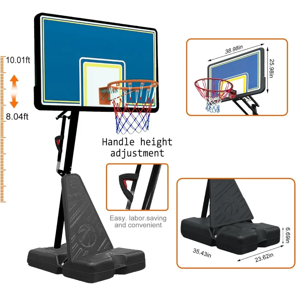draagbare basketbalring voor buiten met hoogteverstelling van 8,04 tot 10 meter, onbreekbaar bord van 44 inch, heavy-duty frame voor alle leeftijden