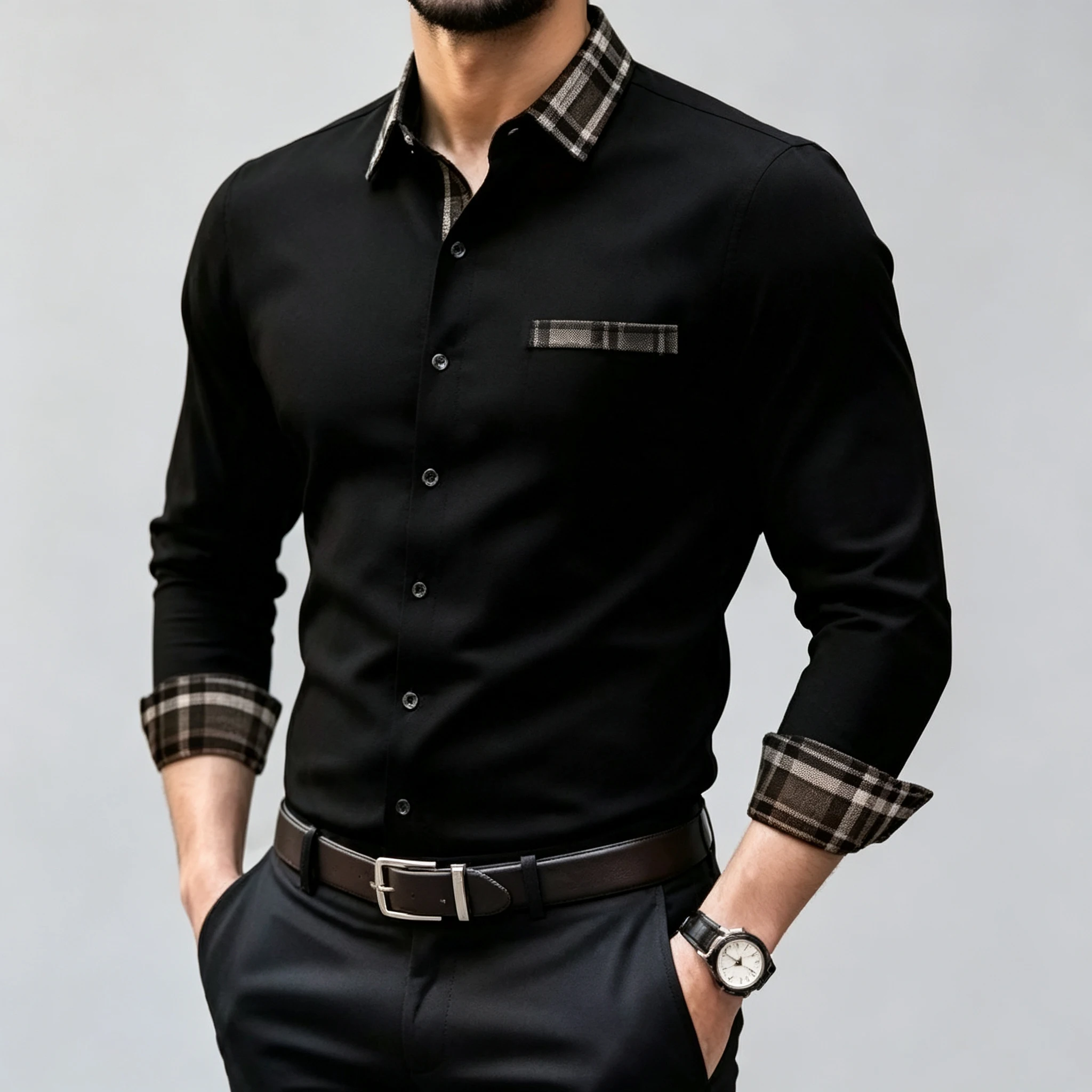 Color-blocked brown plaid collar and cuff men's long-sleeved shirt, business casual shirt