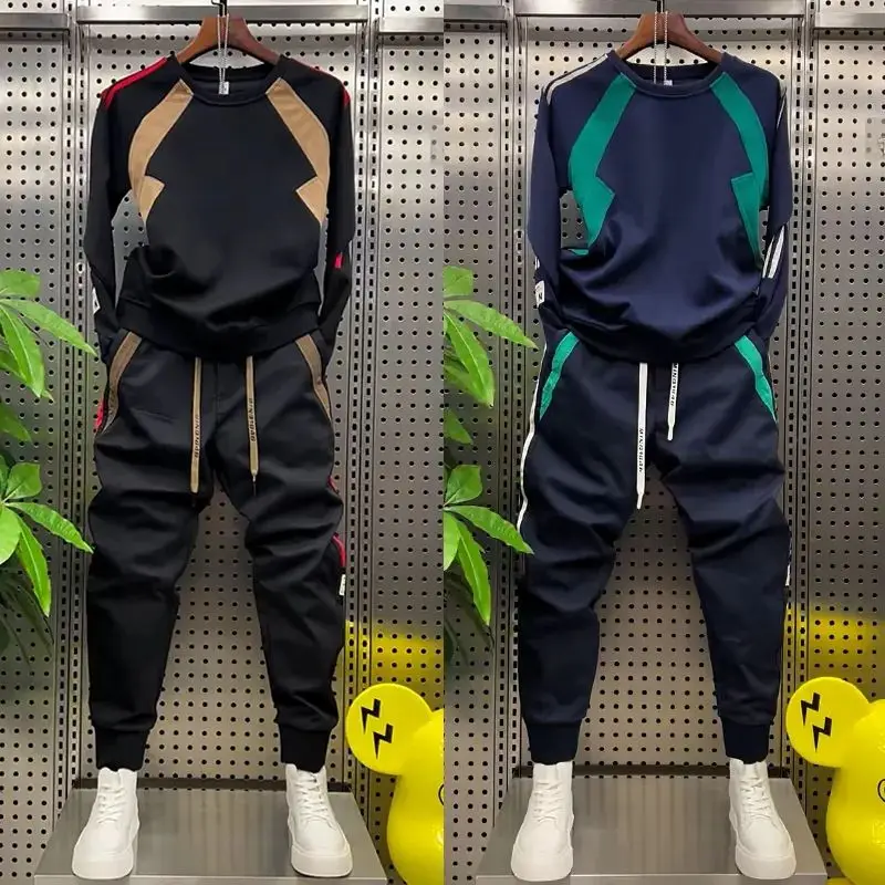 High end autumn new men\'s sports suit loose and versatile patchwork casual pants with round neck and long sleeves a complete set