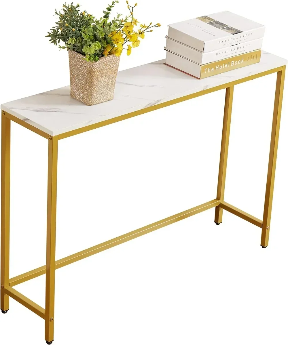 

Premium Console Table for Entryway, Faux Marble Sofa Table with Golden Frame (Single Layer, White Marble)