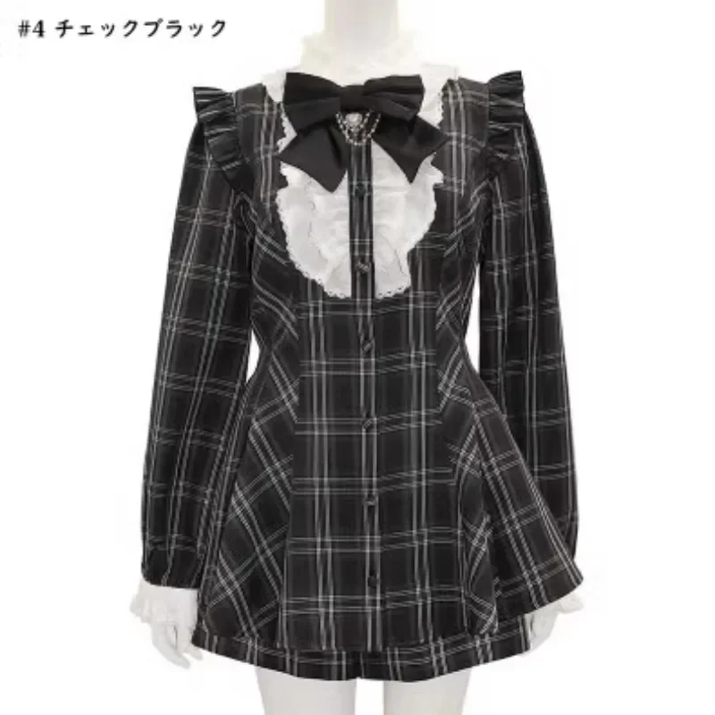 Sweet Outfits SC Suit Japanese Mine Plaid Long Sleeve Shirt Love Heart Bow Tie Chain Mass-Produced Dress and Culottes Set