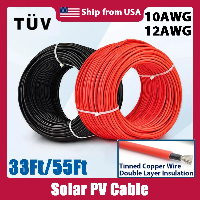Solar Power Cable 6 4mm2 10 12AWG Wire PV Photovoltaic Cable TÜV TUV Cable For Panels Connection Red Black PVC 50 30FT 10m 100m