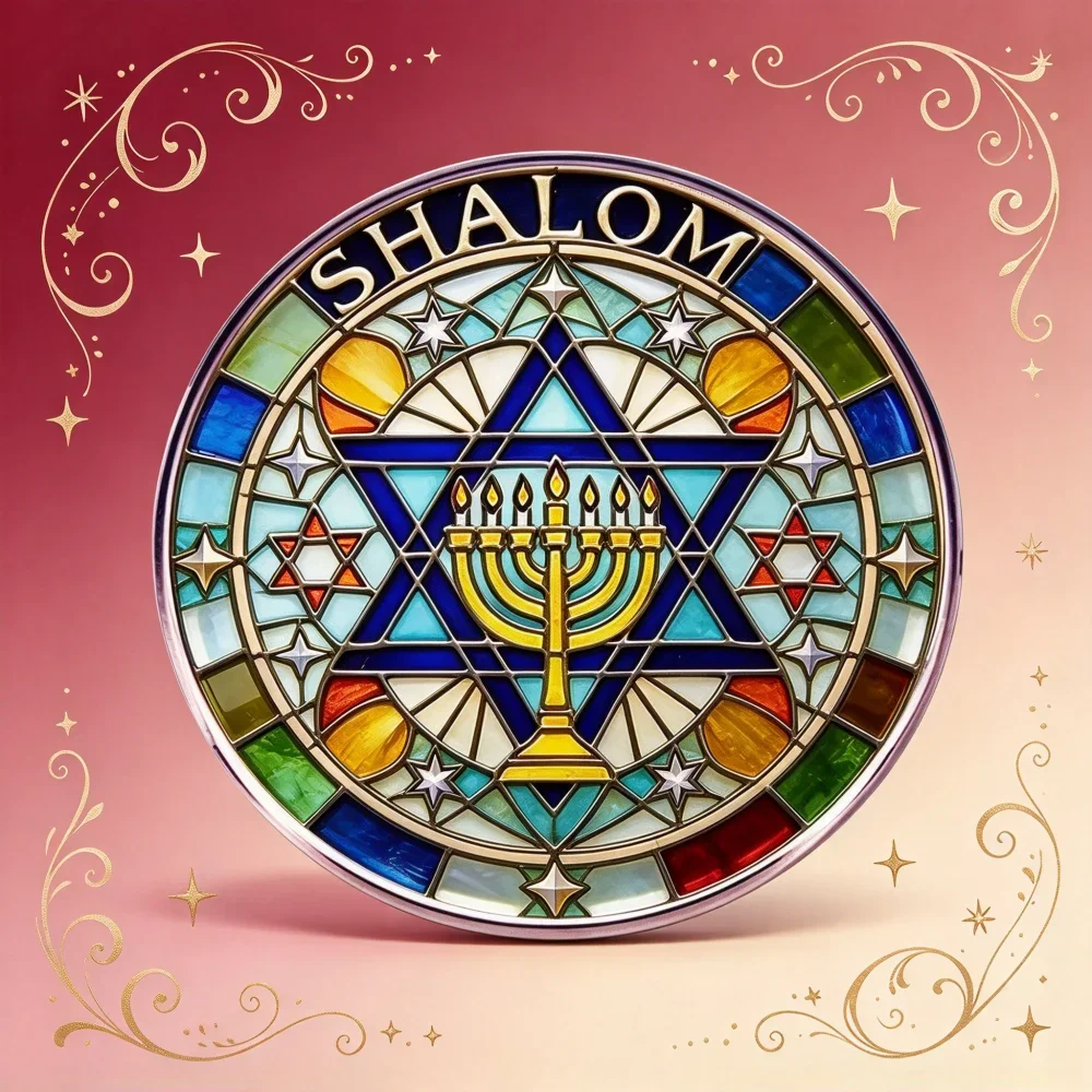CIFBUY Vintage Stained Glass Style Shalom Menorah Aluminum Wall Art Waterproof Durable for Living Room Bedroom Home Jewish Decor