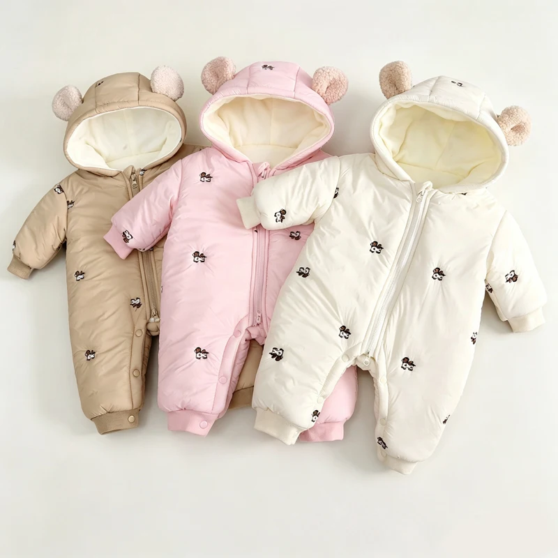 2026 Winter Baby Boys Bodysuit Cartoon Embroidery Lamb Fleece Lining Thick Warm Hooded Zipper Jumpsuits For Girls Romper  125