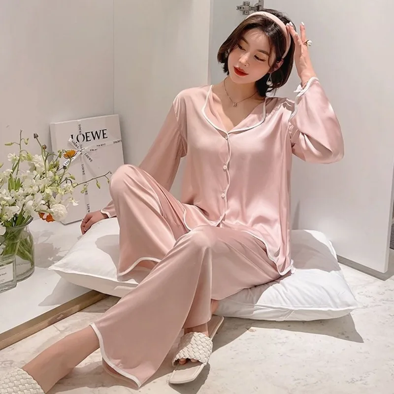 High Quality Ice Silk Pajamas Suit Women Summer Fall Long-sleeved Set Korean Version Solid Cardigan Large-size Loungewear Female
