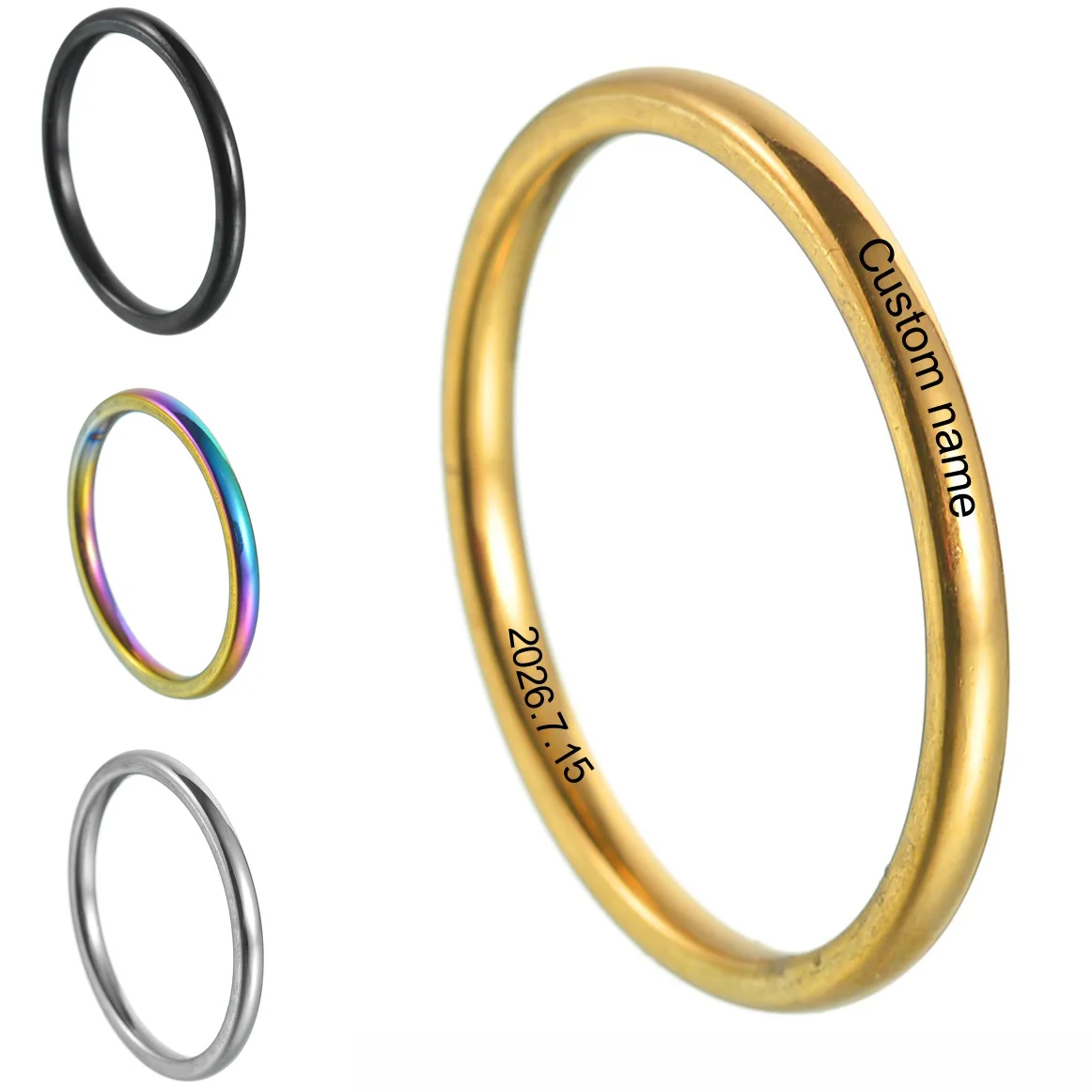 Customize Name Date 2mm Thin Rings For Man Women Solid Stainless Steel Minimalist Ring Elegant Party Tail Ring Couple Rings