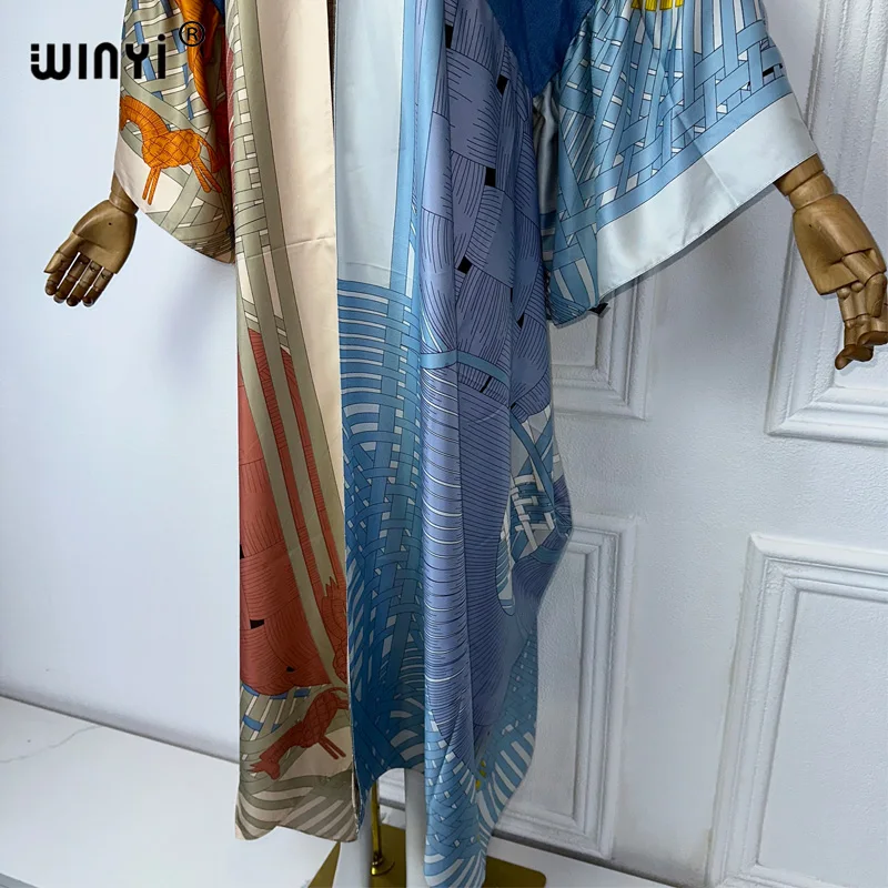 WINYI kimono kardigan motif tambalan Denim musim panas untuk wanita mantel elegan kimono mantel panjang ke bawah gaun maxi abaya terbuka