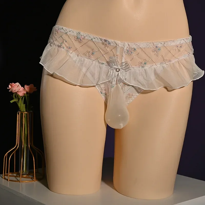 Men Sexy Sheer Underwear Sissy Pouch Panties See Through Mesh Ruffled Sweet Thin Bikini Briefs Gay Breathable Imitates Lingerie