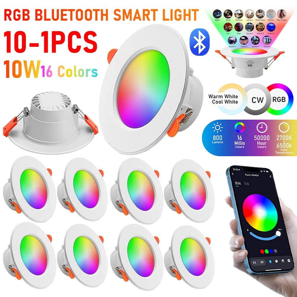 

10W RGB Smart Spotlight Bluetooth-Compatible Recessed Ceiling Lamp 2700K-6500K Round Panel Light for Living Room Bedroom Decor