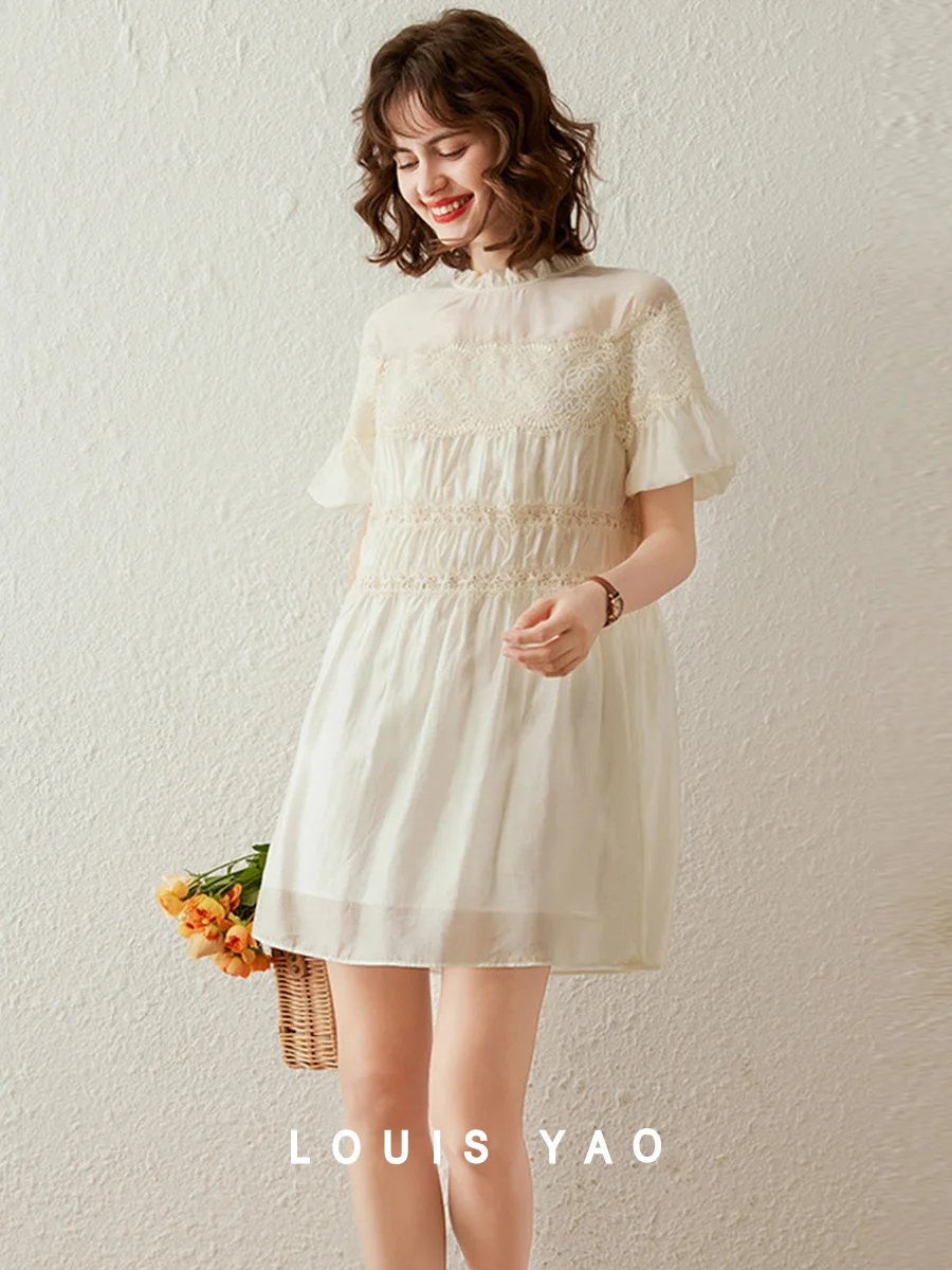 

LOUIS YAO 2025 Summer Sweet Aging Ear Edge Round Neck Women's Skirt with Hollow Lace Pinching and Folding Thin Dress