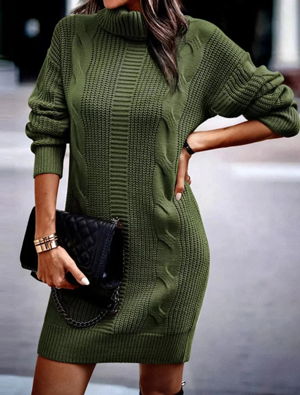 2024 New Autumn Winter Turtleneck Knit Sweater Dress Women Cross Long Spring Khaki Spring Sexy Dresses Vestido Streetwear Jumper