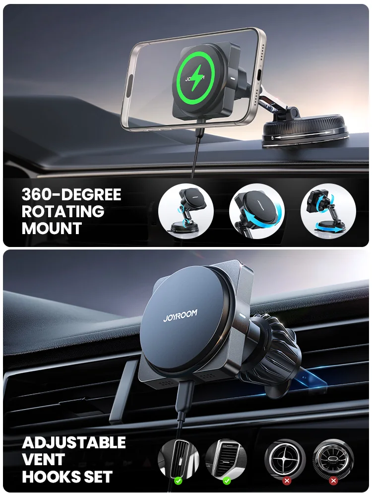 

Магнитный автомобильный держатель-зарядка Joyroom с интеллектуальным сенсорным управлением, вращением и беспроводной зарядкой 15 Вт для воздуховода и приборной панели