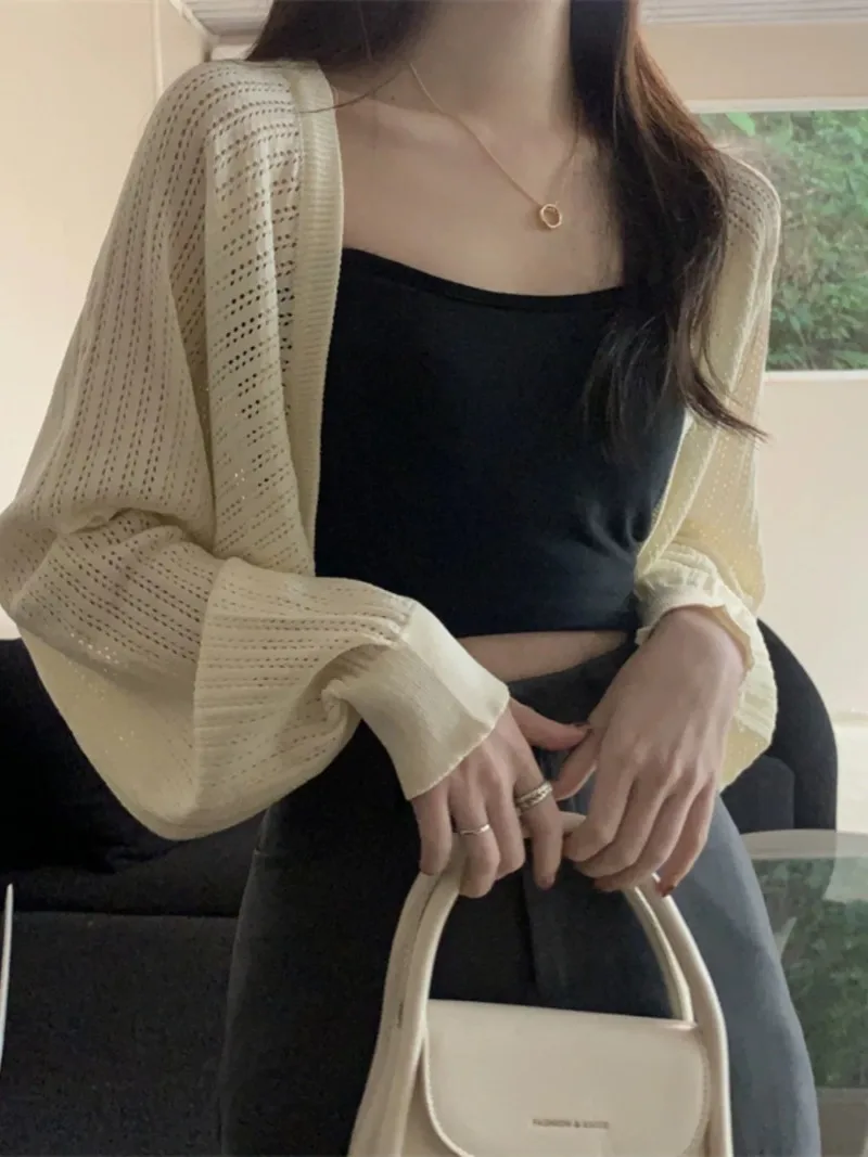 

Summer Short Thin Loose Solid Color Knitted Sweater Women's New Short Style Sun Protection Hollow Out Cover Sweater Shawl Top