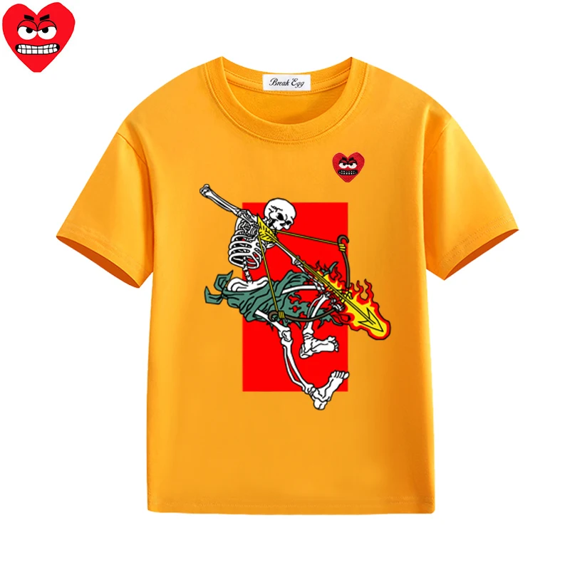 Bow and Arrow Printing Boy Girl T-shirt Cotton Cartoon Snag Heart Embroidery O-neck Short-sleeved Kid Straight Summer T-shirt