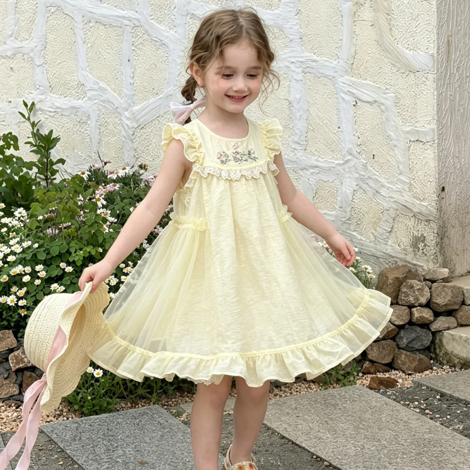 Girls Dress 2026 Summer New Girl Princess Dress Yellow Flower Embroidery Flying Sleeve Mesh Baby Girl Dress