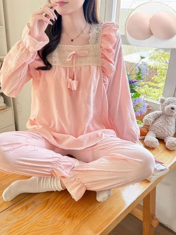 

Sweet Cloud Cotton Sleepwear Set Women's Long Sleeve Square Collar Princess Style Pink Lace Knot Home Clothes