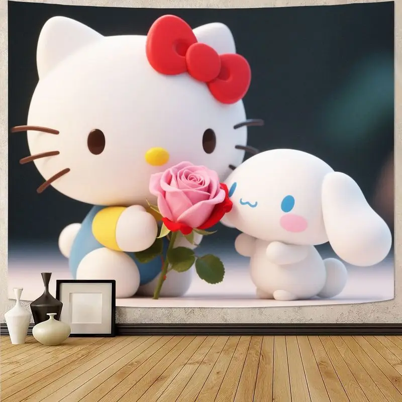 

1 шт. Sanrio Hello Kitty Cinnamoroll Гобелен Kawaii с розовой розой, настенное искусство из полиэстера для эстетического декора спальни в общежитии, подарок девушке.