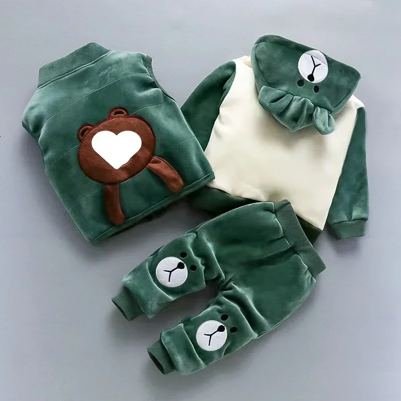 Cardigan Hooded Jacket+Vest+Pants Baby Plush Thickened Sweater 3PCS Suit Children\'s Clothing Autumn Winter Boys Girls Cotton Set