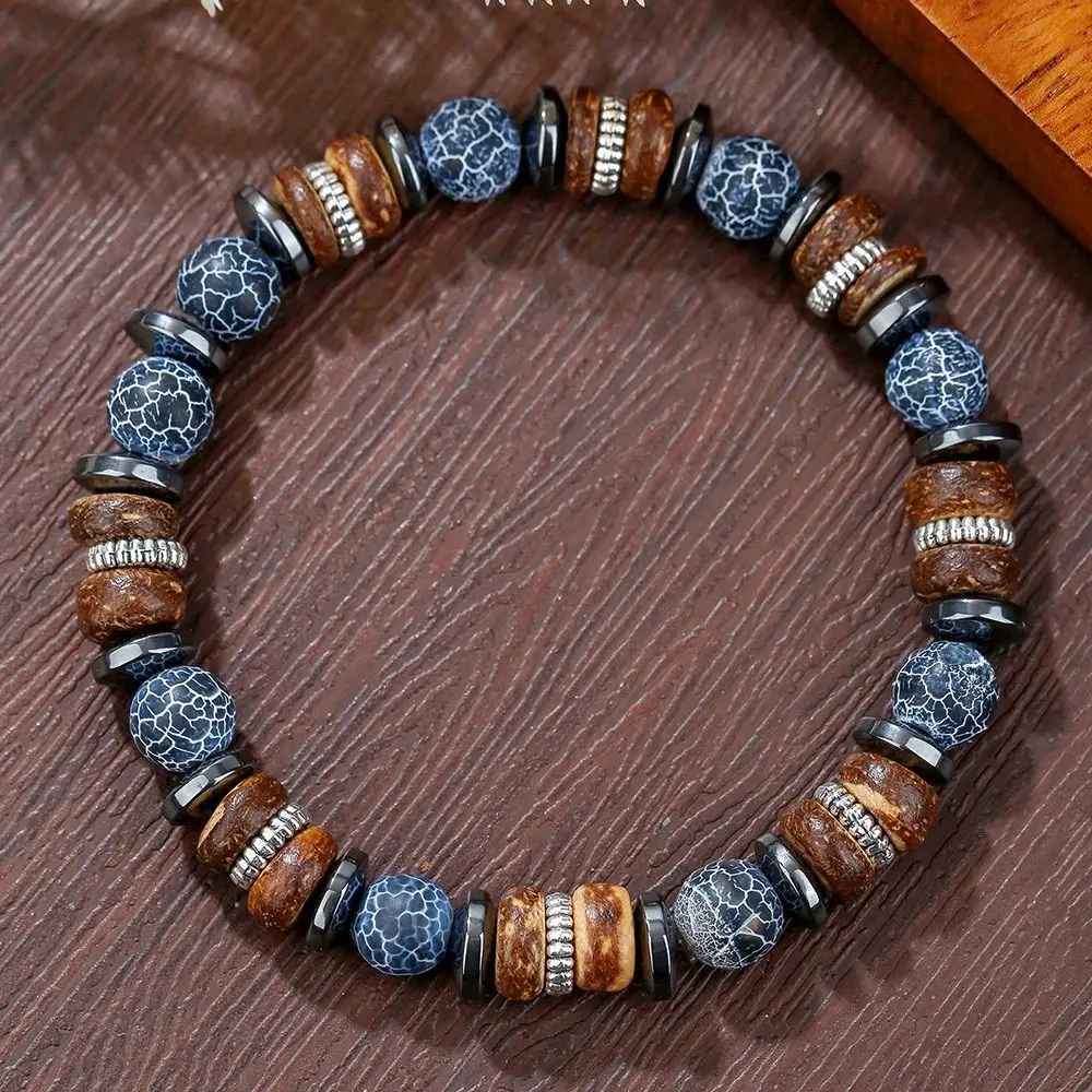 Black Stone Wood Chips Weathered Beads Bracelet Men's Elastic Round Beads Hand String Jewelry Fashion Men's Lucky Personality