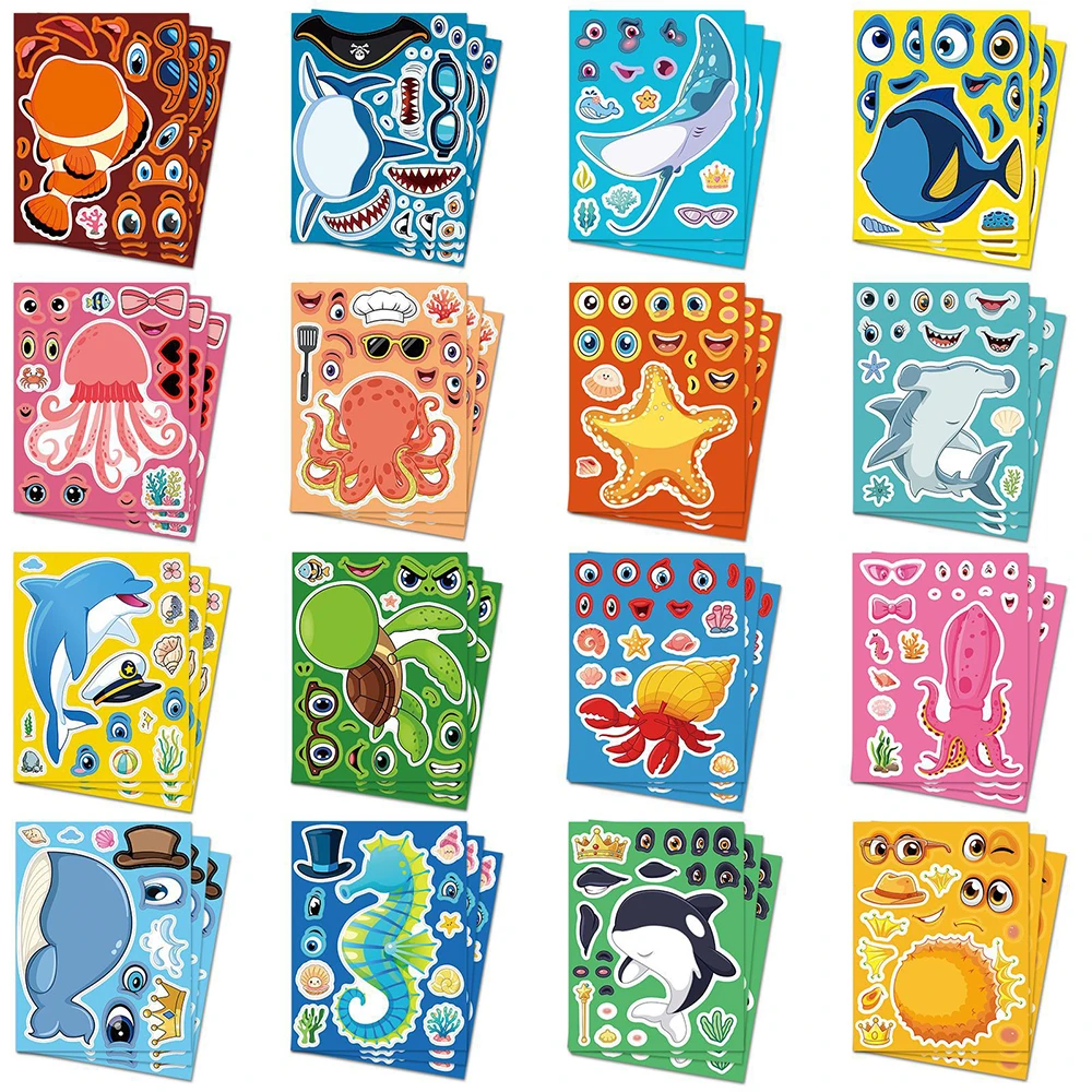 Board Game For 2 People - 8/16Sheets Marine Animal Puzzle Stickers Game