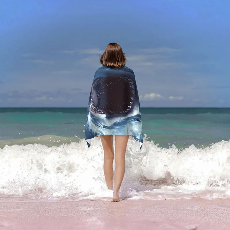 Beach towel shark print pattern sun protection windproof suitable for swimming pool camping travel blanket