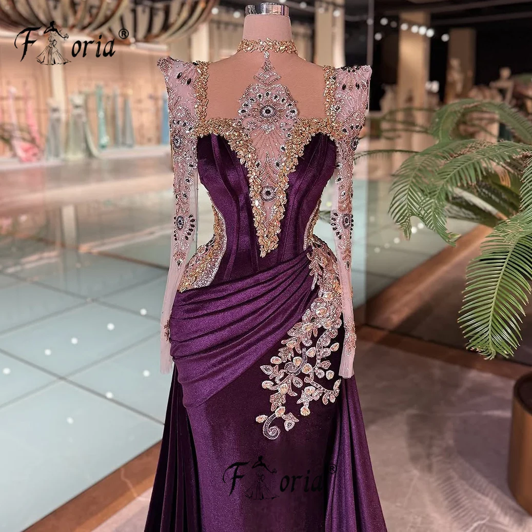 우아한 비즈 장식 벨벳 머메이드 이브닝 드레스, 스윕 트레인 크리스탈 긴 소매, 공식 행사 가운, 웨딩 드레스 맞춤 제작