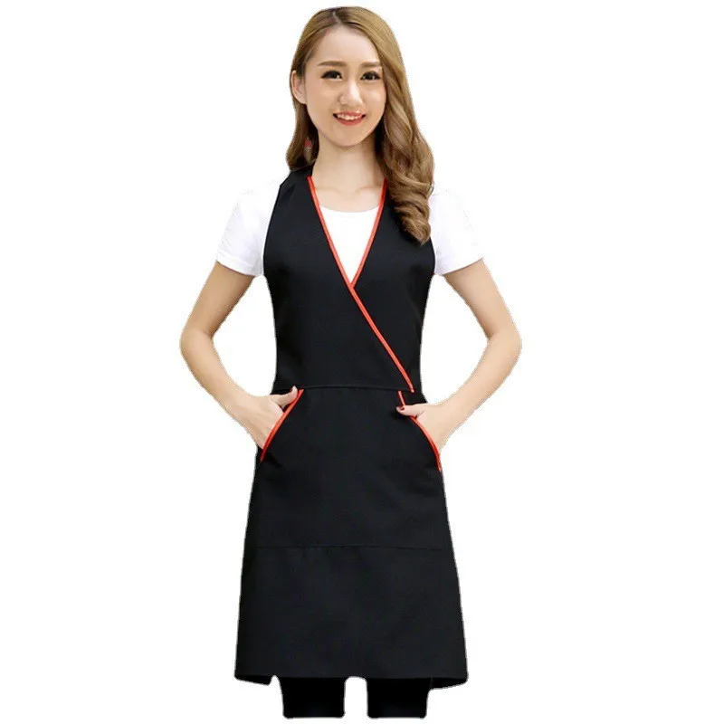 Japan Korea Custom Logo Kitchen Apron Nail Beauty Salon Coffee Shop Attendant Work Accessories  Woman Cotton v-Neck Apron