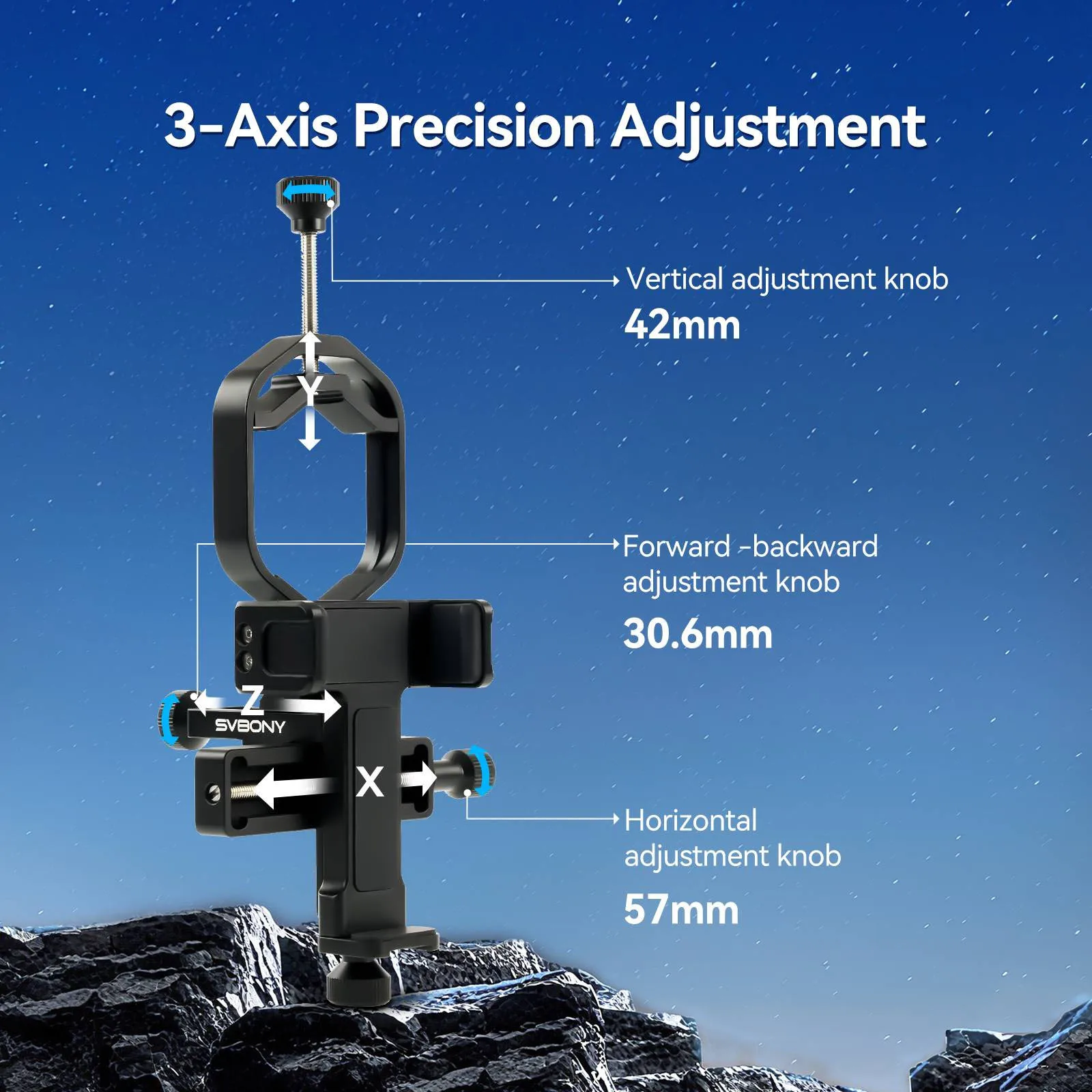 SVBONY SV214 Pro 3-Achsen-Universal-Smartphone-Adapter 28 mm-48 mm/44 mm-64 mm Klemmbereich für Teleskope oder Digiscoping – Detail 1