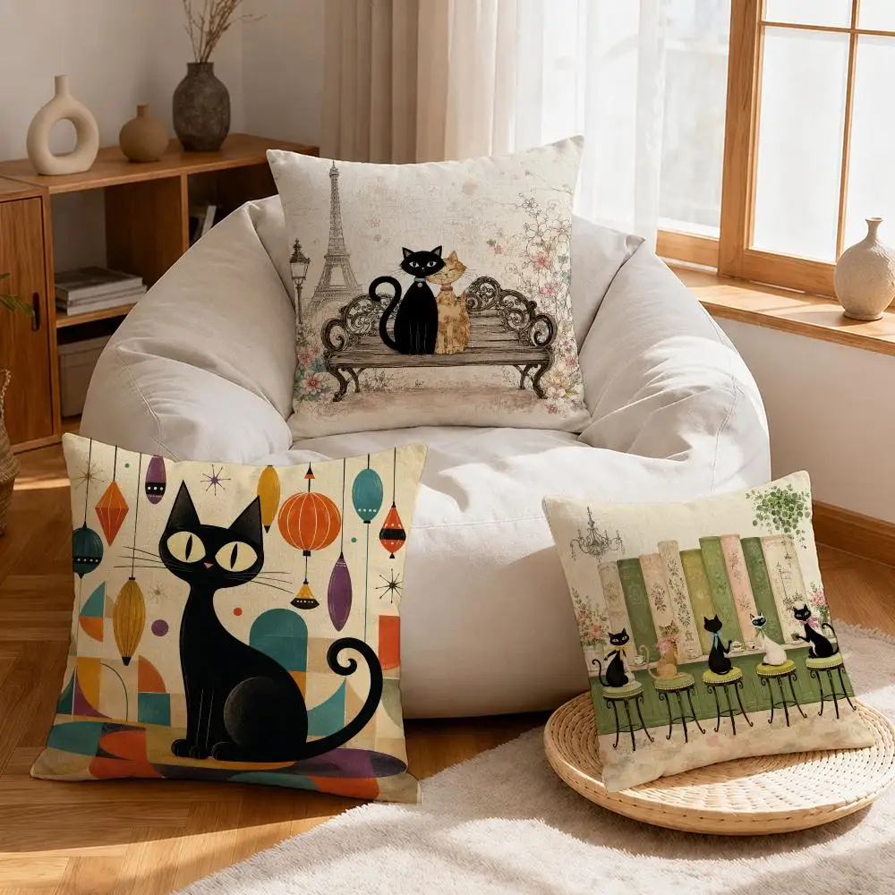 Art Cartoon Little Black Cat Cute Cushion Cover Linen Anti-Mite Antibacterial Cushion Cover Invisible Zipper Sofa Decor
