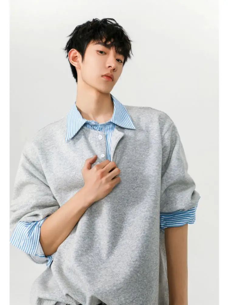 

Casual Men's Hoodie irt Collar Splice Stripe Pattern Spring Autumn Loose Fit Anti-Wrinkle Wear Resistant Teenage M Clothing