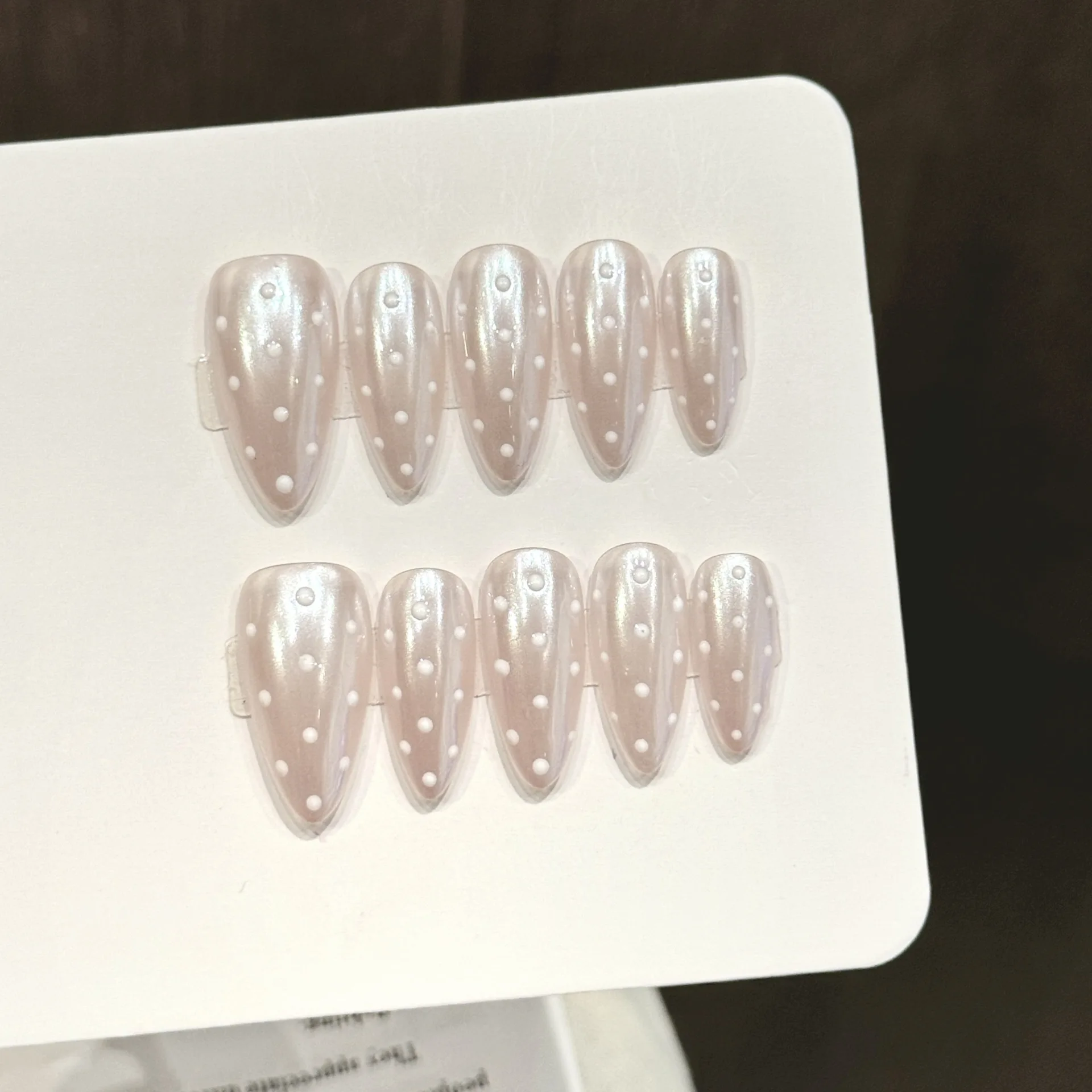 10pcs Handmade Almond Press On Nails Nude Pink Aurora White Polka Dots Design Sweet Fake Nails Wearable Nails Art Tips For Girls