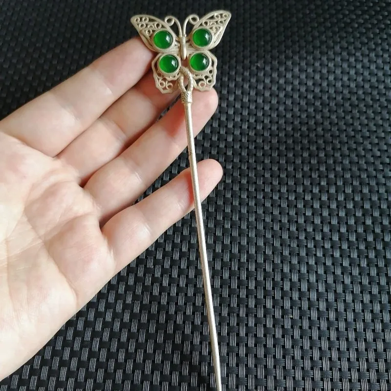 Antique Vintage Inlaid With Green Chalcedony And Agate , Miao Silver Hairpin, Hair Accessory