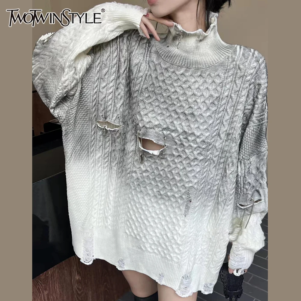 TWOTWINSTYLE Ombre Hollow Out Sweaters For Women Stand Collar Long Sleeve Vintage High Street Pullovers Female Fashion Clothing