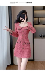 Spring Autumn Women's Pink High-Quality Fragrant Coarse Woolen Dress