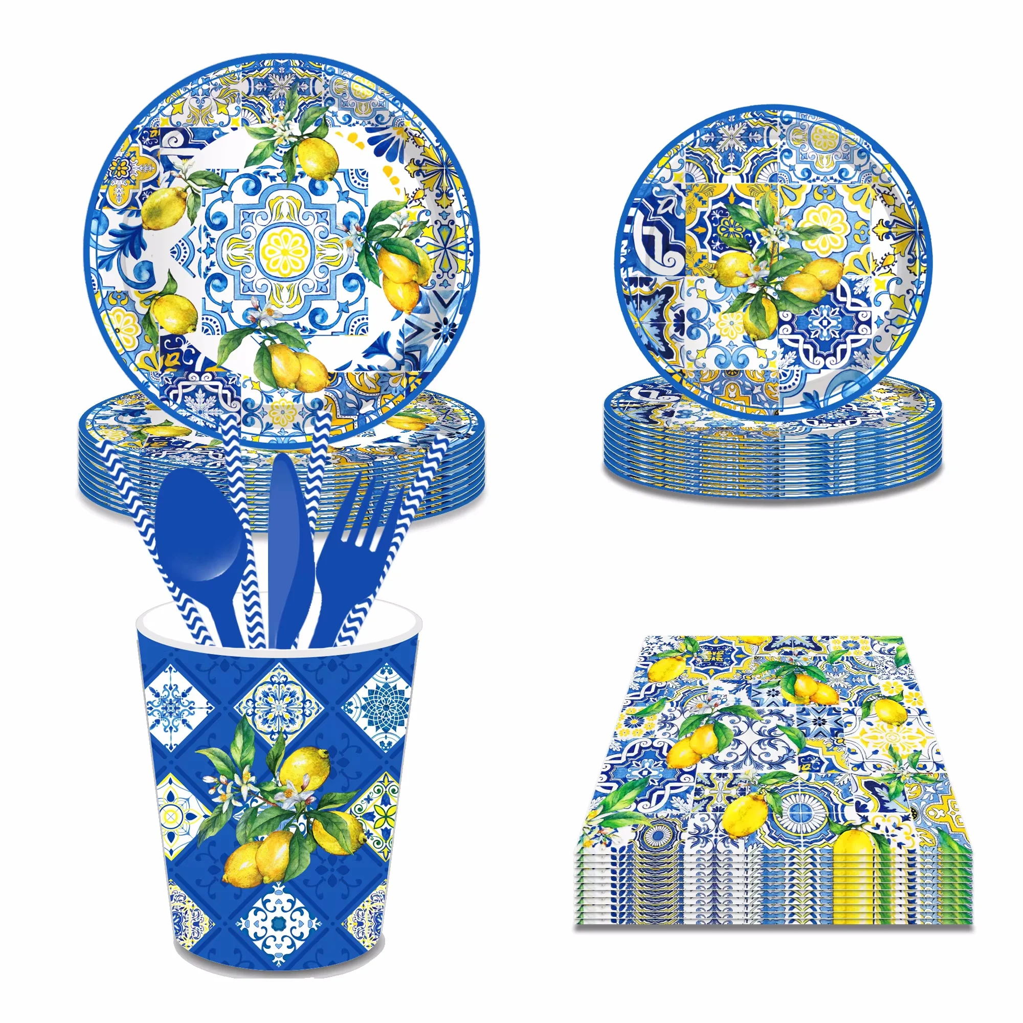 Juego de vajilla desechable para fiesta de limón, porcelana azul y blanca, platos de papel, vasos, servilletas, decoración de vajilla para fiesta