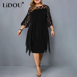 Novo elegante renda malha plus size vestidos femininos sexy oco para fora vestido oversize solto casual vestidos de fiesta midi robes femme