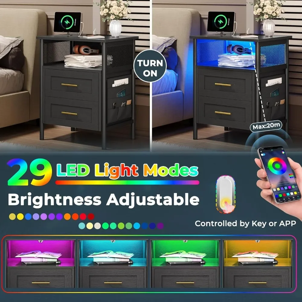 LED Nightstand, Night Stand with Charging Station and LED Light Strips, Bedside Table with 2 Drawers, Open Storage, Fabric Bag