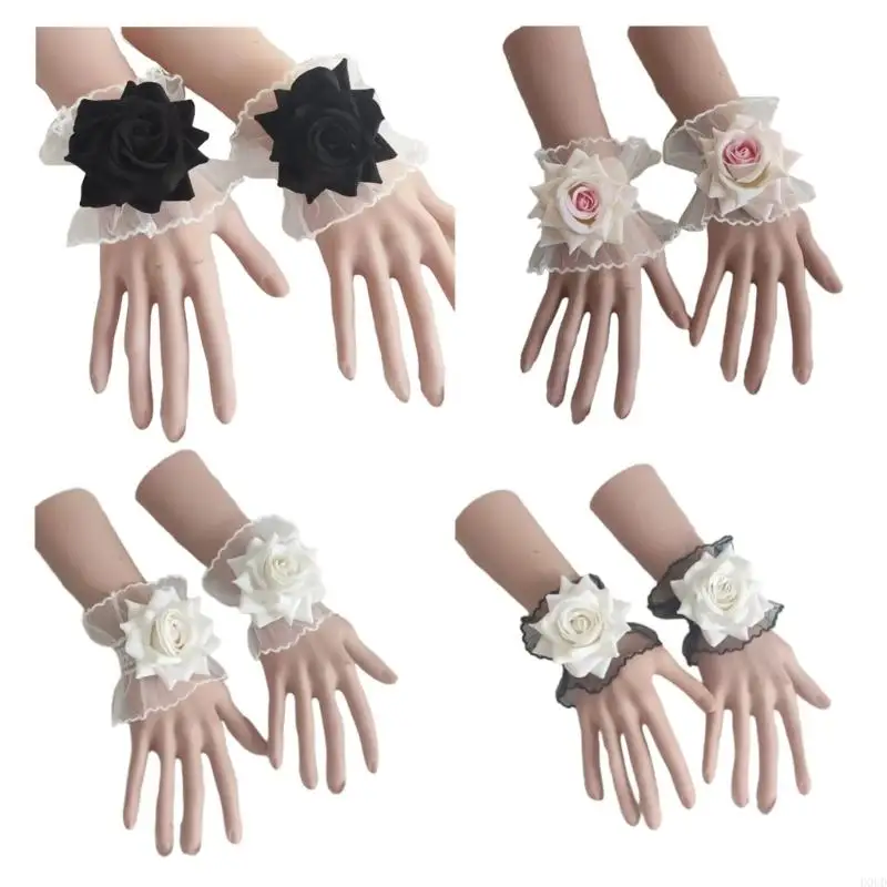D0UD Y2K Hand Sleeve Wrist Cuffs Ruffled Floral Lace Elastic Floral Rose Lace