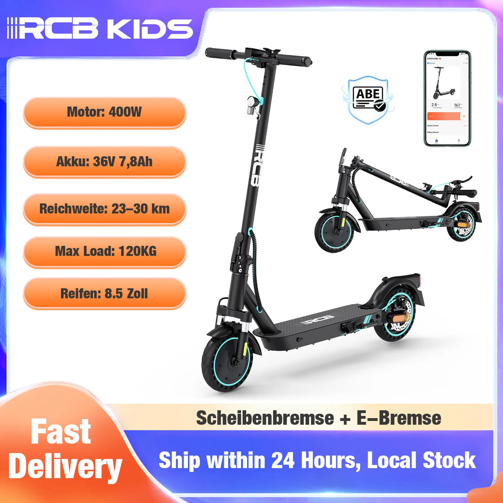 EV85F ABE Elektroroller für Erwachsene, 400W Motor, 36V 7.8Ah Akku, 23-30km Reichweite, 8.5 Zoll Wabenreifen, klappbar APP Steuerung RCB KIDS