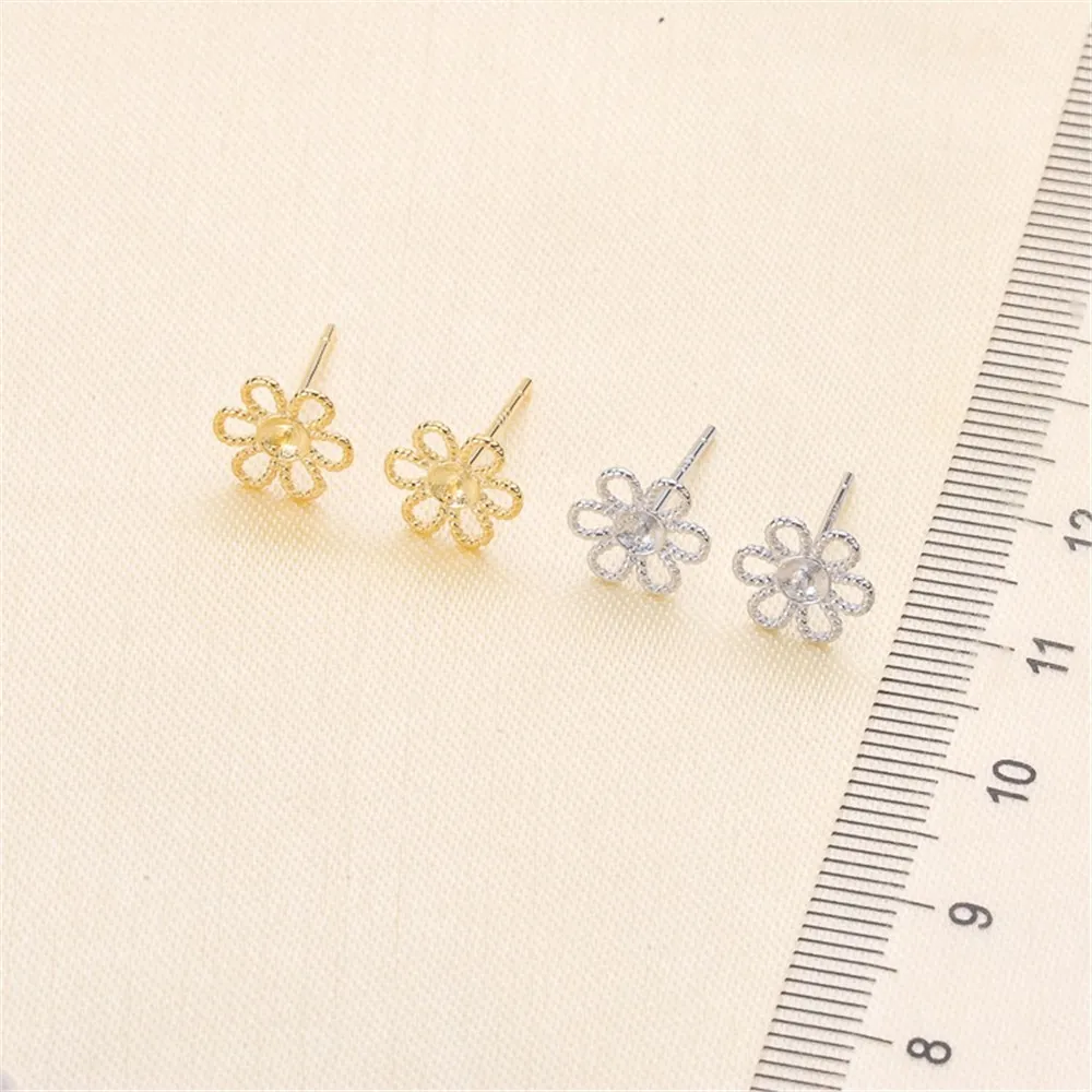 DIY Pearl Accessories S925 Silver Pearl Jade Stud Earrings Empty Tray Small Flower Models Fit 4-6mm Round Oval Beads E067