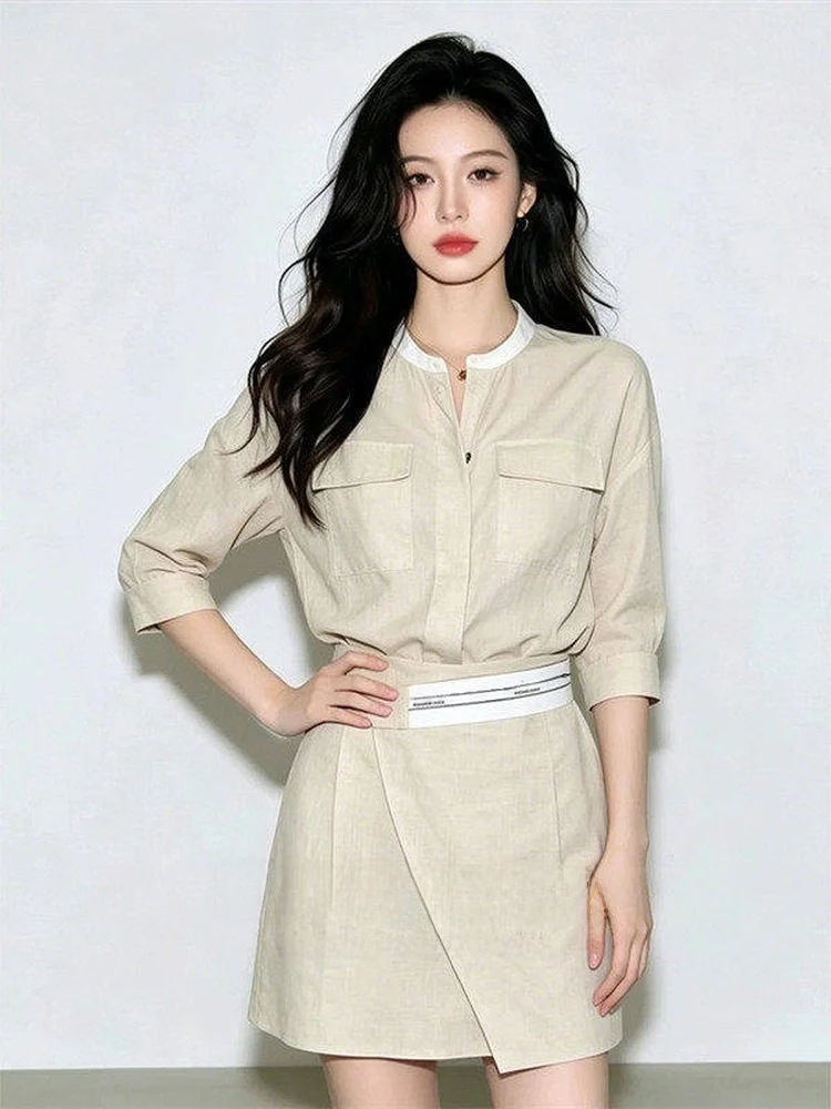 

Elegant Color Block Loose Women's Shirt And High Waist Skirt Set plus Size Fashionable Korean Style Long Sleeve Sun Protection