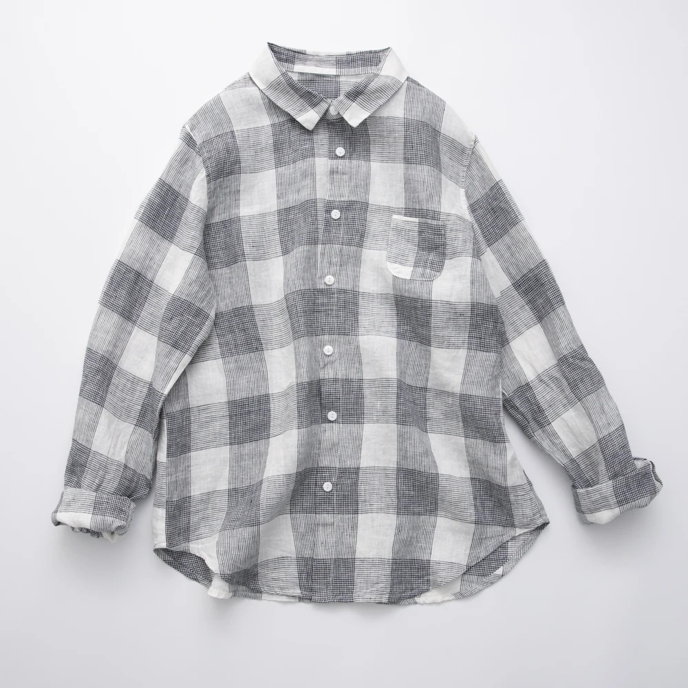 

Spring Autumn Women All-match Loose Plus Size Plaid Comfortable Natural Fabric Water Washed Linen Shirts/Blouses