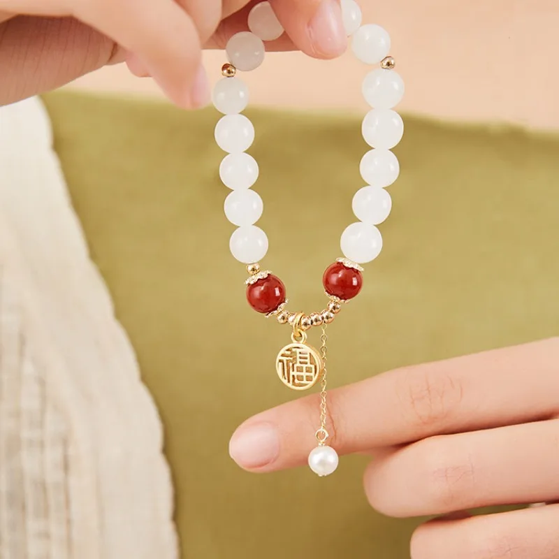 Natural Hetian White Jade Bracelet with 14K Gold Plated Fortune Charm Delicate Hand Jewelry for Women Gifts