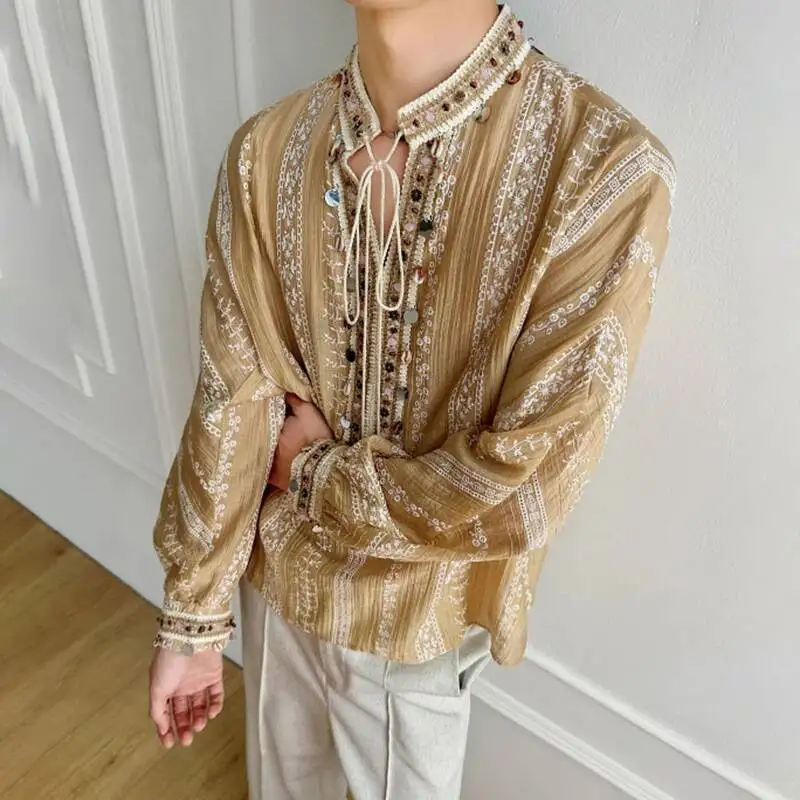 LUZHEN 2026 New Embroidery Pattern Sequin Decorate Long Sleeve Shirts Pullover Men's Fashion Luxury Temperament Clothes JY7653