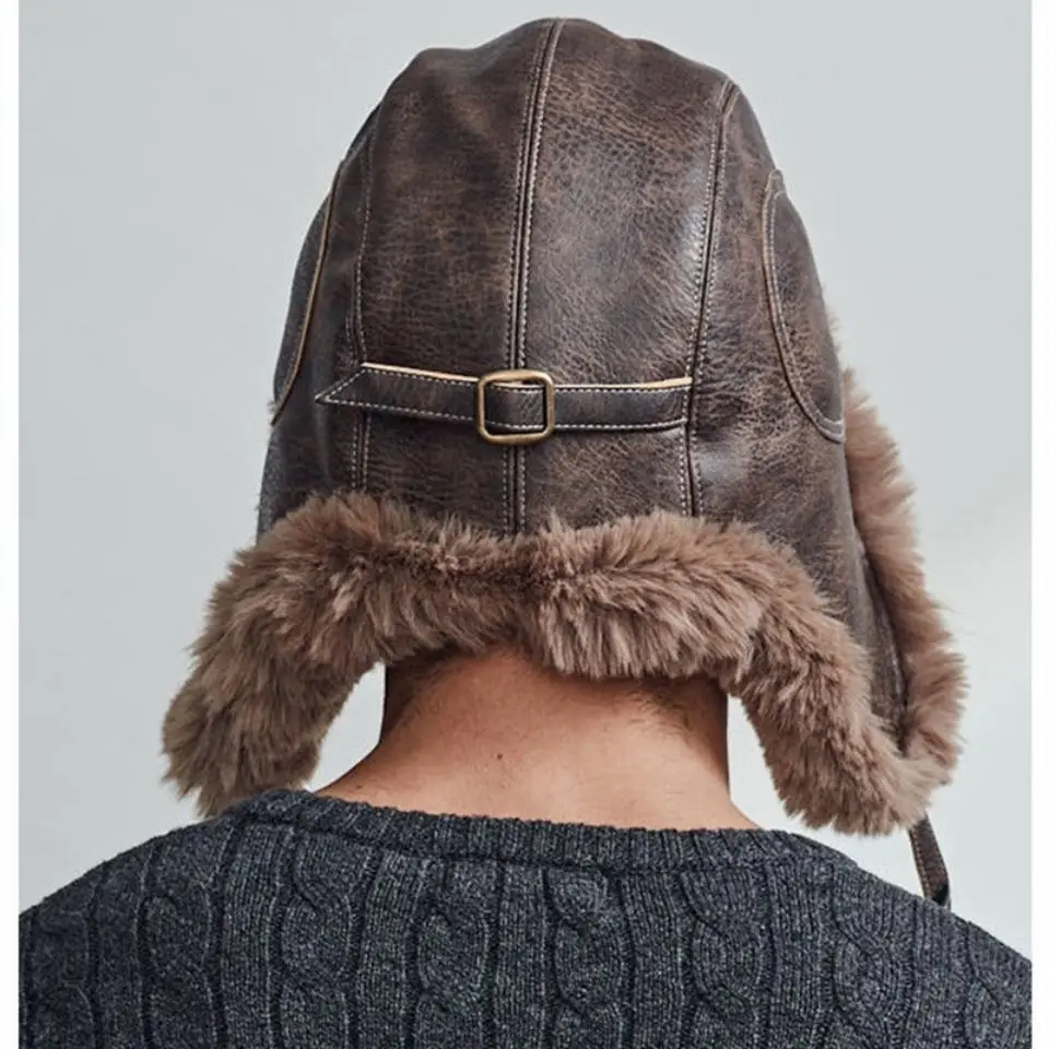 Bomber Leather Hat Pilot Cap Men Winter Fur Hat Thickened Cold Protective Ears Outdoor Cycling Fishing Skiing New